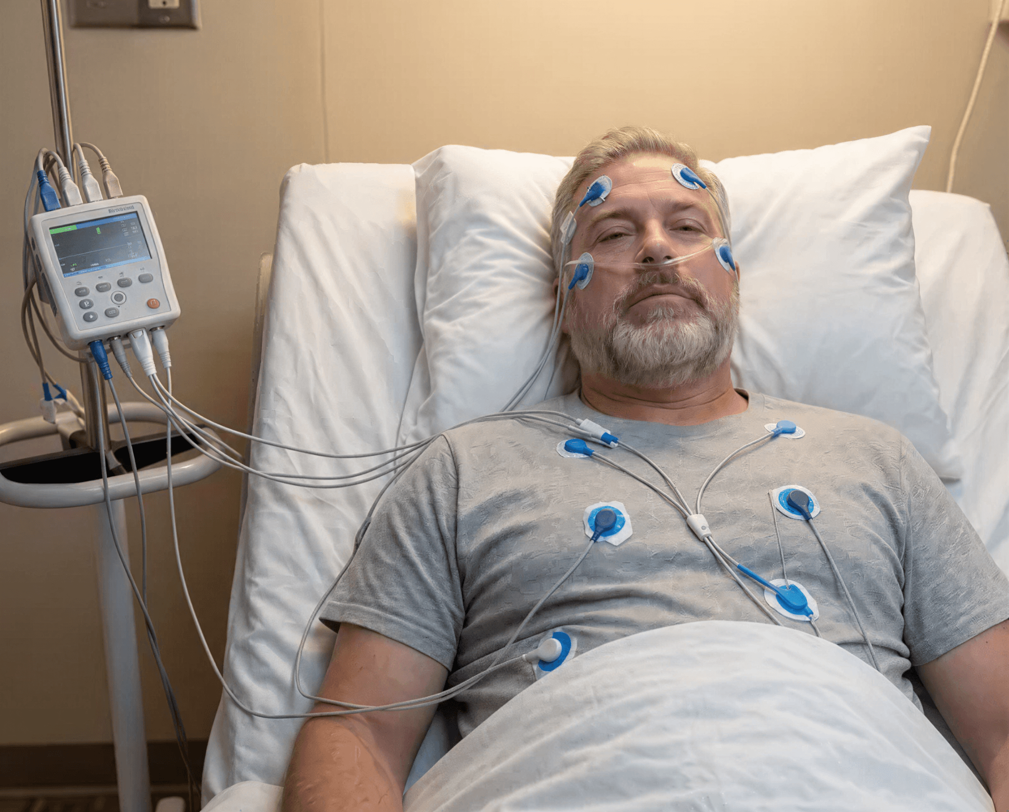 A person wired to monitoring equipment during an overnight in-lab sleep study