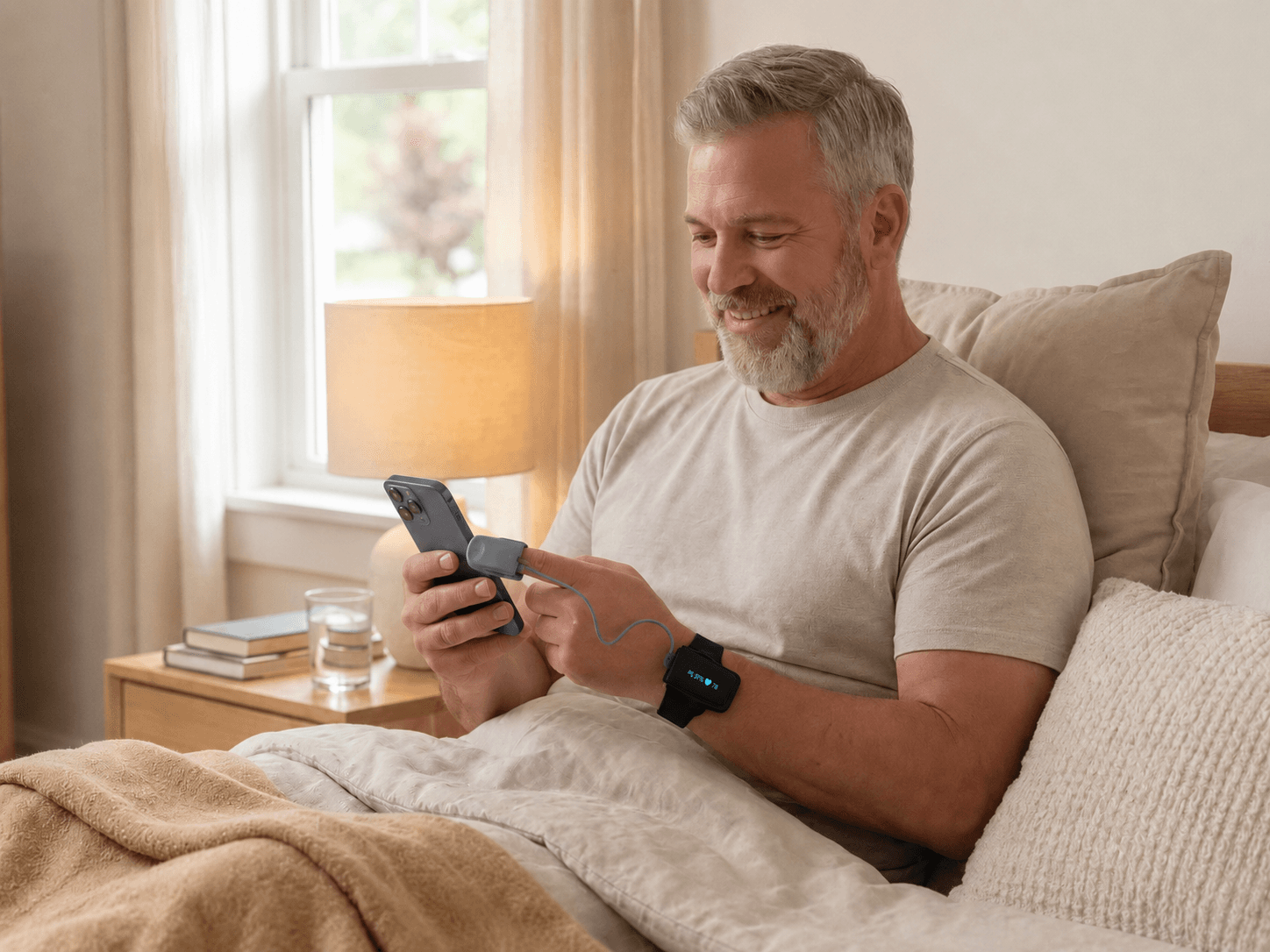 A man sleeping comfortably in his own bed while taking the home sleep test