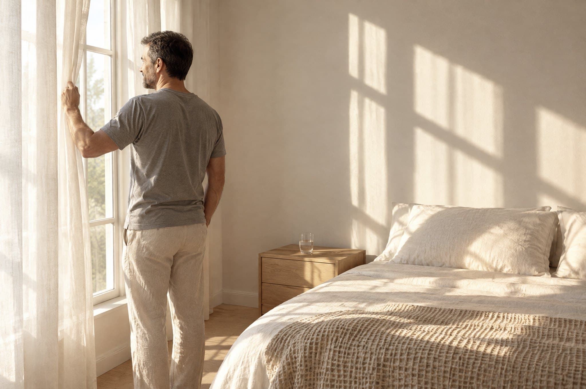 A man draws back sheer curtains on a bright morning beside a made bed