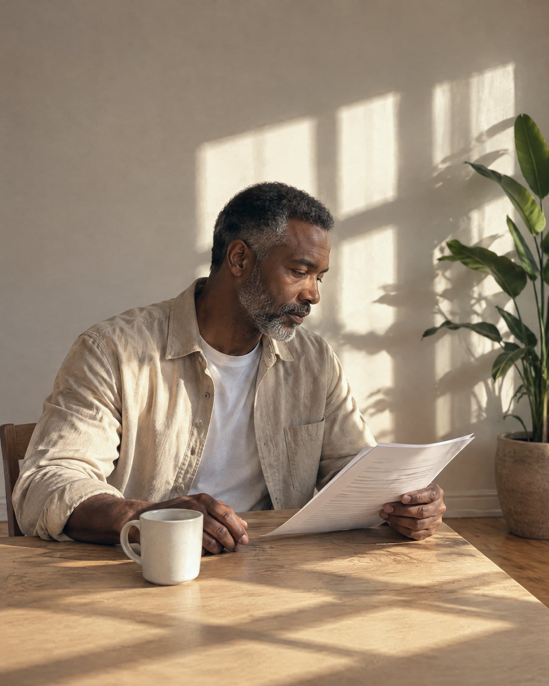 A man in his fifties reads a letter at a sunlit table, a mug beside him