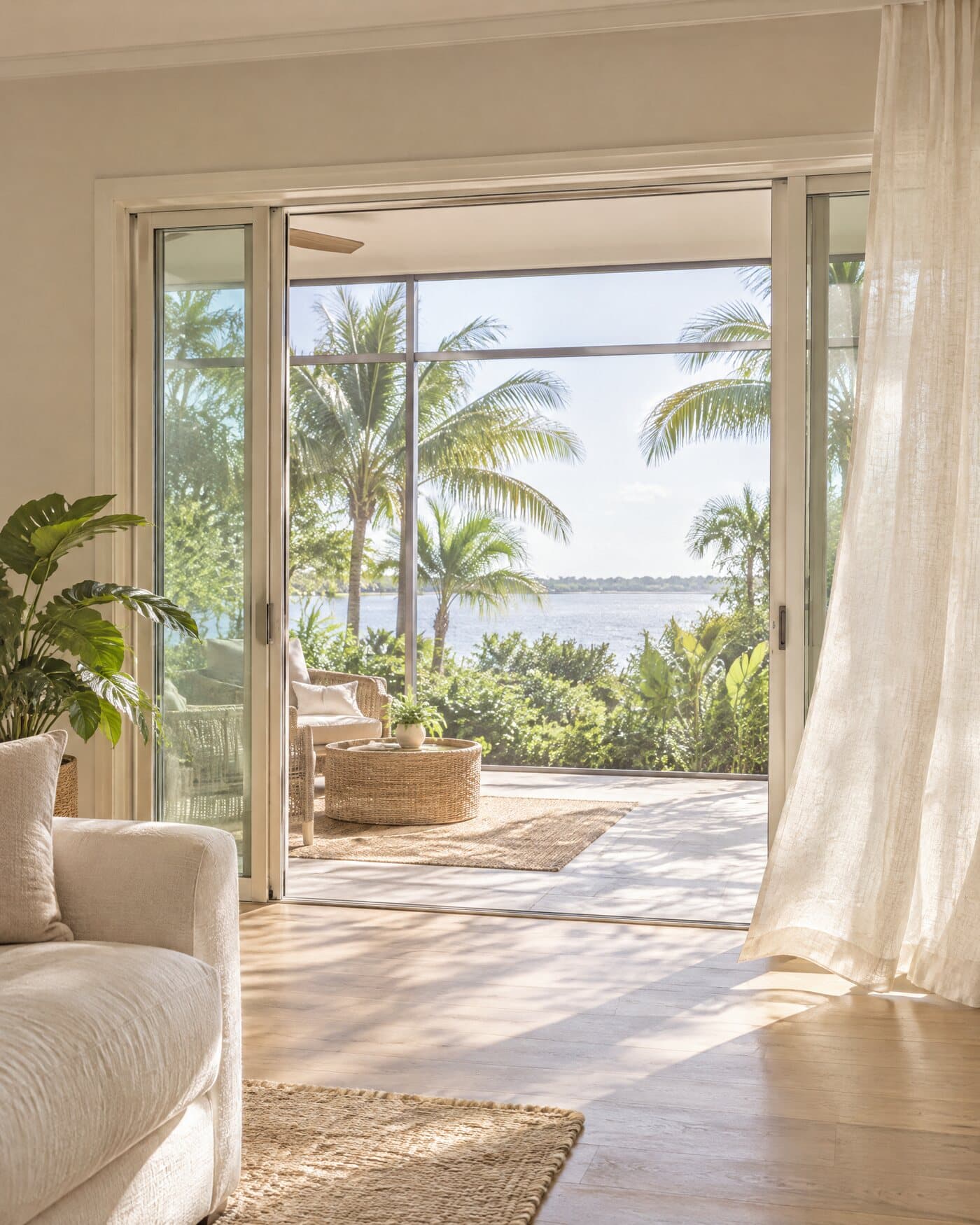 Open glass doors lead from a bright living room onto a lanai with palms and water beyond