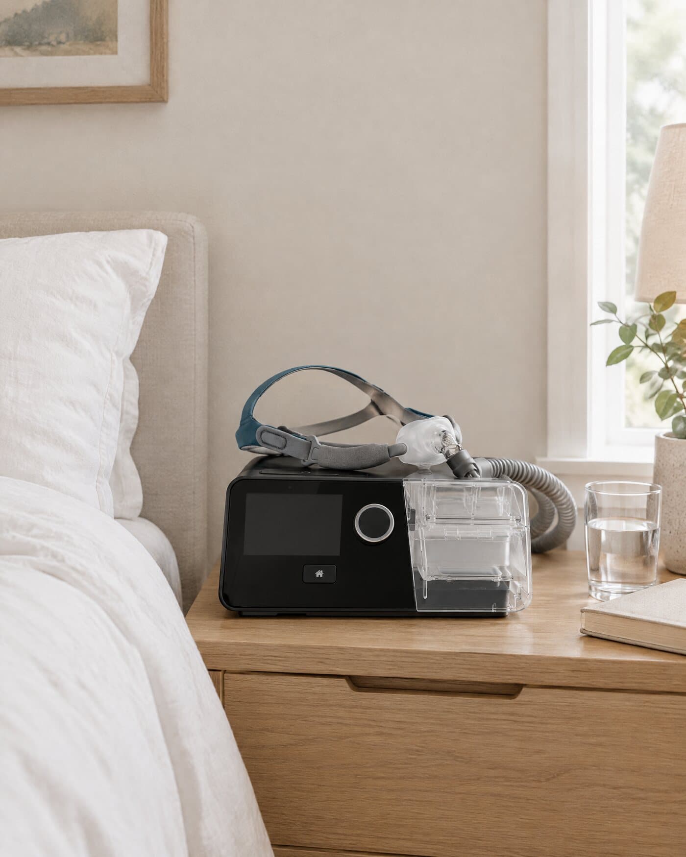 A React Health G3 X with a nasal pillow mask on a nightstand beside a made bed, in soft morning light
