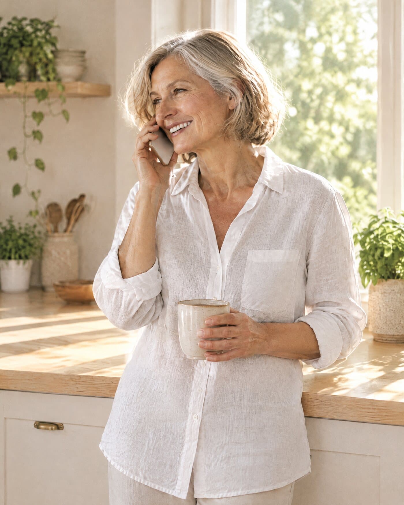 A woman laughs on a phone call at her kitchen counter in late-morning sun, a mug in her hand