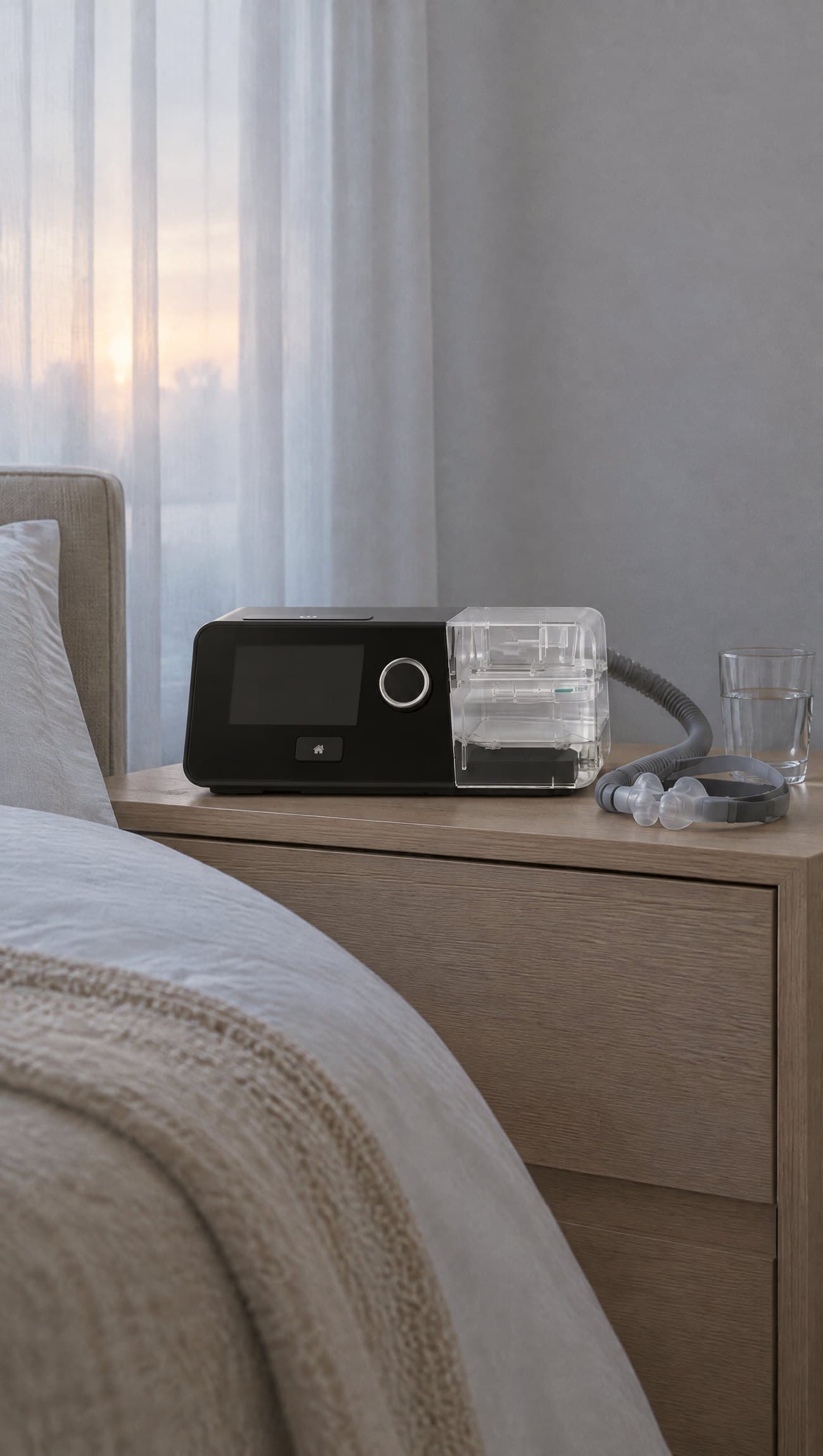A G3 X on a wooden nightstand beside a made bed in the first light of morning, its mask resting beside it
