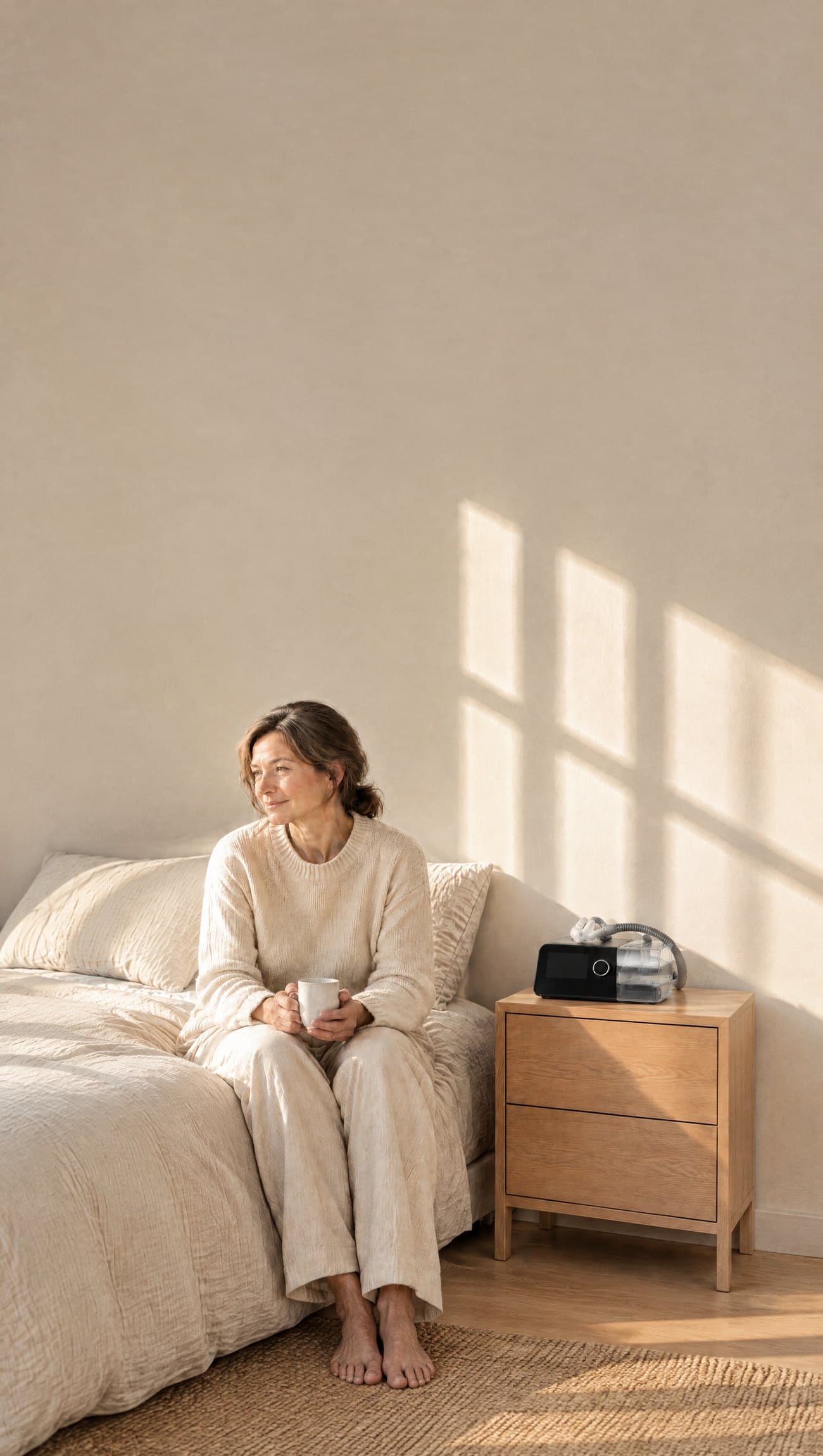 A woman in her fifties sitting on the edge of her bed in morning sun with a mug, her G3 X and mask on the nightstand beside her