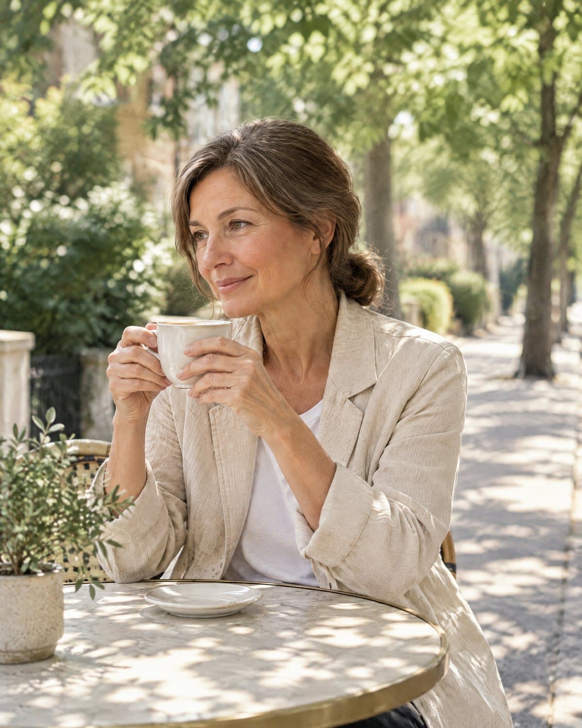 A woman with a coffee outdoors in late-morning sun, smiling to herself