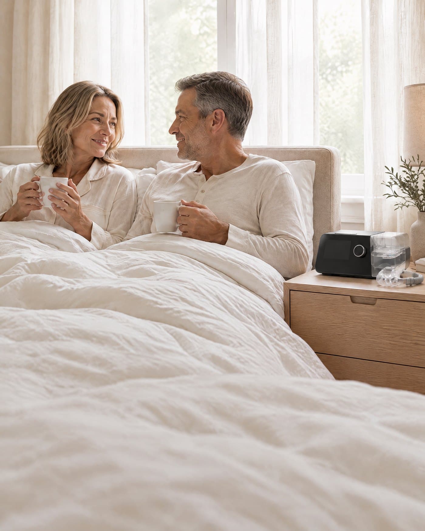A couple in their fifties sitting up in bed with coffee in soft morning light, a G3 X and its mask on the nightstand beside them