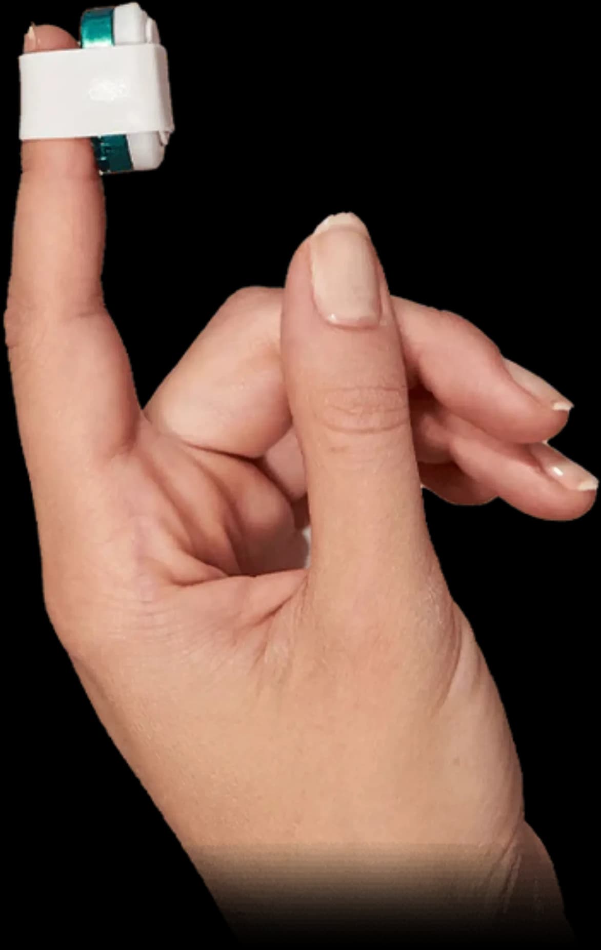 The ResMed NightOwl, a small white sensor held on the tip of an index finger by a white band