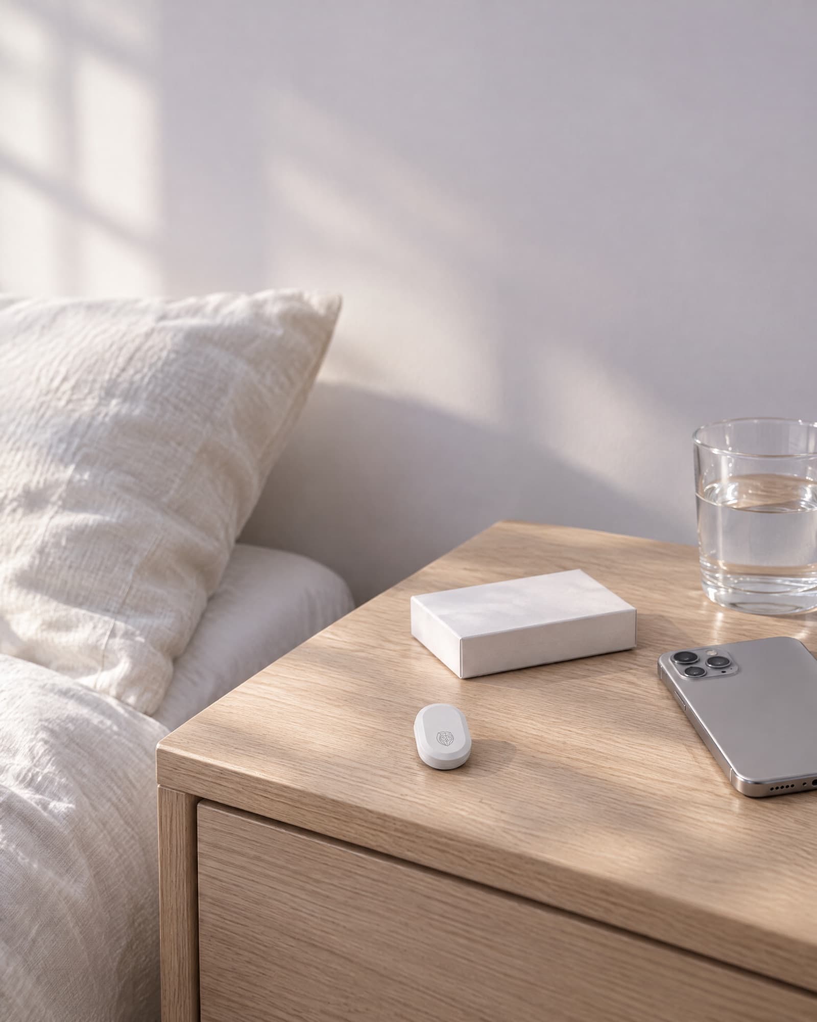 The same man asleep in his own bed, the sensor on his index fingertip